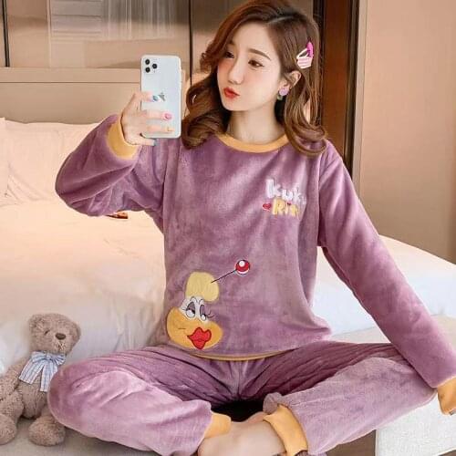 New SALE Autumn Winter Warm Flannel Women Pyjamas Sets Thick Coral Velvet Long Sleeve Cartoon Sleepwear Flannel Pajamas Set Girl