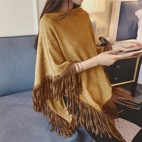 New fashion and elegant pile collar sweater women solid color irregular cloak shawl Korean deerskin tassel knitted jacket women