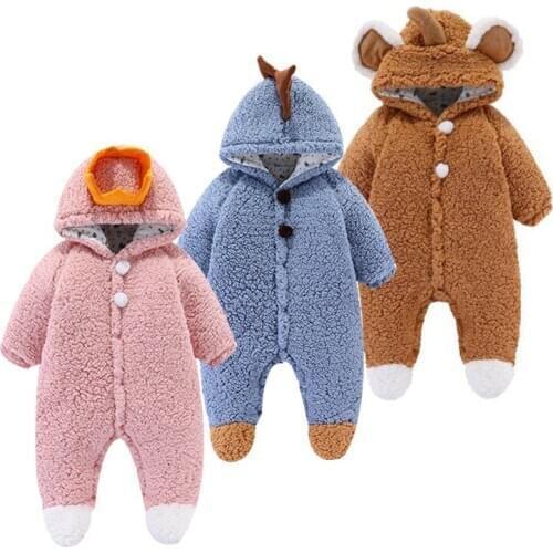 Winter New Baby Ropa Boys Girls Costume Family Cartoon Animals Long Sleeve Hooded Solid Velvet Jumpsuits Infant Clothes 6 Colors