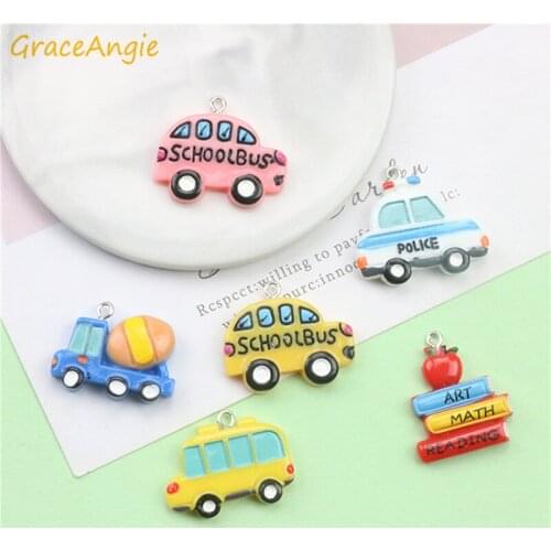 8pcs transportation pendant Taxi Bus charm bracelet necklace Resin simulation cartoon school bus ambulance mixer Jewelry DIY