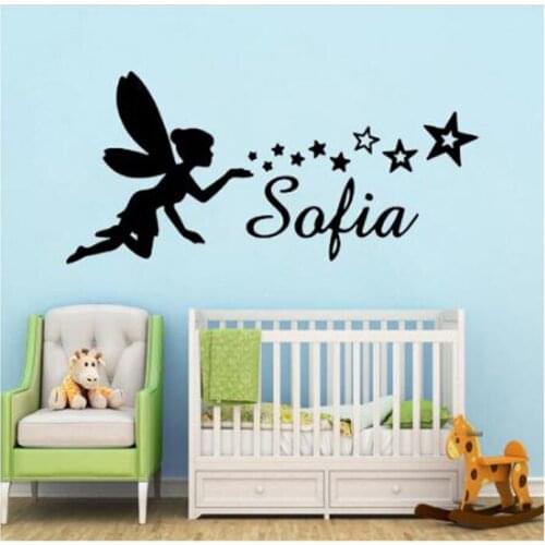 Personalized Baby Name Fairy Blowing Star Personalized Girl Name Wall Decal Vinyl Sticker Paper Art Mural Kids Room