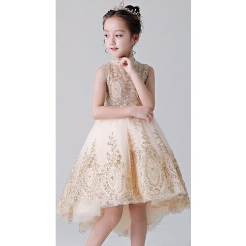 Children Girls Sweet Gold Wire Crystal Performance Dresses Birthday Evening Party Gowns Kids Baby Formal Dance Host Costume