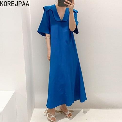 Korejpaa Women Dress 2021 Summer Korean Chic Ladies Minimalist Vintage Navy Collar Design Loose Casual Solid Color Vestidos