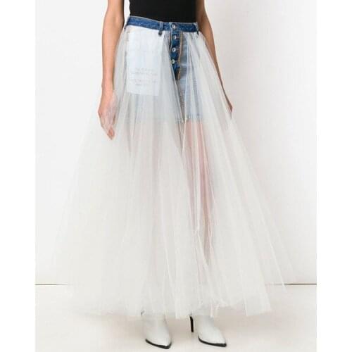 Runway Women Long Maxi Skirt Jeans Tutu Tulle Splice Pleated Mesh Ball Gown Skirt Fashion Designer Luxury Ladies Denim Skirt