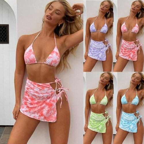 Sexy Pink Tie dye Swimsuit 3piece Mesh Bikini Set Triangle Micro Bikini String Halter Swimwear Women Low Waist Bathing Suit New