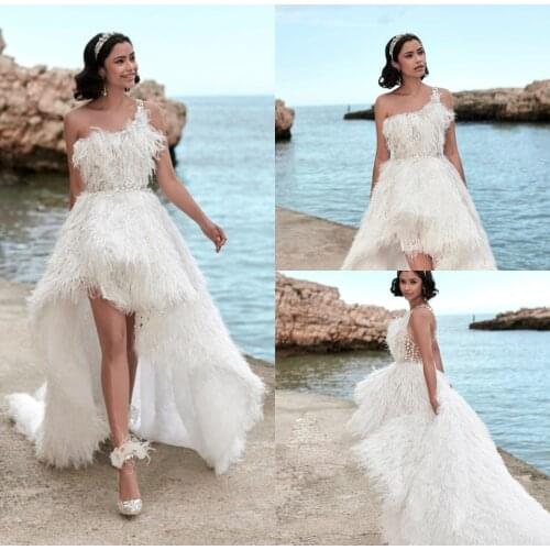 Luxury Ostrich Feather Beach Wedding Dresses High Low Beading One Shoulder Boho Nigerian African Bridal Gowns Custom Made