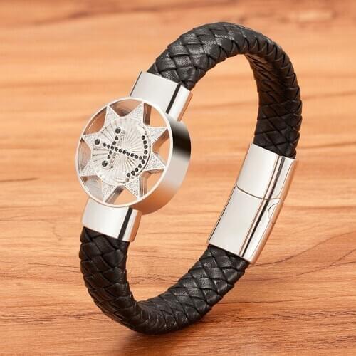 Luxury Star Pattern Accessories Cubic Zirconia DIY Leather Stainless Steel Men Bracelet Engraved Logo Custom Size Birthday Gift