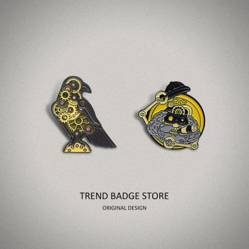 Gear Machine Crow Smokes Cigar Gear Robot Unhats Creative Design Alloy brooch Accessories