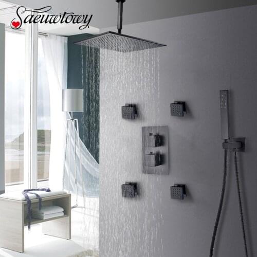 Thermostatic Rainfall Shower Faucet Matte Black Ceiling Mount Bathroom Shower Faucet Brass Rotate Massage Jet luxury Mixer Tap