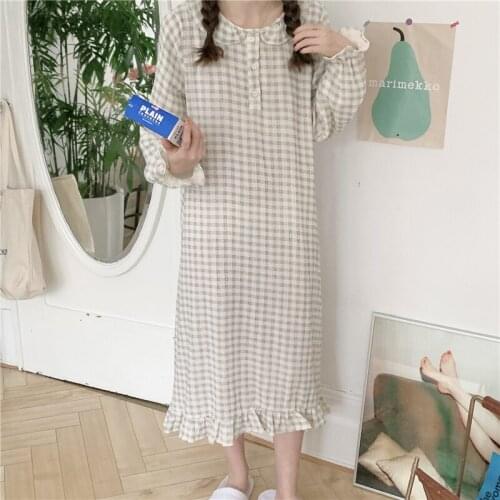 Peter pan collar plaid nightgown women long sleeve loose korean chic sleep dress ruffles home clothes nightdress korean L537