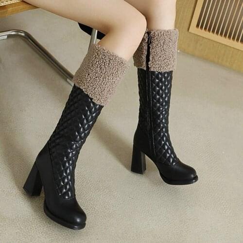 Lady New Knee High Boots Fashion Zipper Long Boots Female Stitching Plaid Rider Boots Winter Warm Square High Heel Womens Shoes