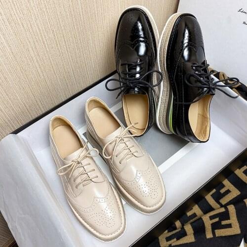 Block Shoes Spring/autumn 2021 Women Shoes Round Toe Lace-Up Women Platform Shoes Retro Straw Bottom Casual Shoes Solid Color
