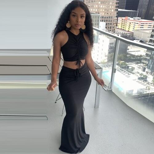 Neon Orange Ruched Drawstring Sleeveless Tank Top and High Waist Mermaid Maxi Skirt for Women Elegant Body-shaped Two Pcs Sets