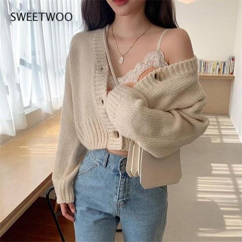 2021 Autumn Winter Thick Knitted Cropped Cardigans Women Loose V Neck Sweater Purple Button Cardigan Knitwear Jacket