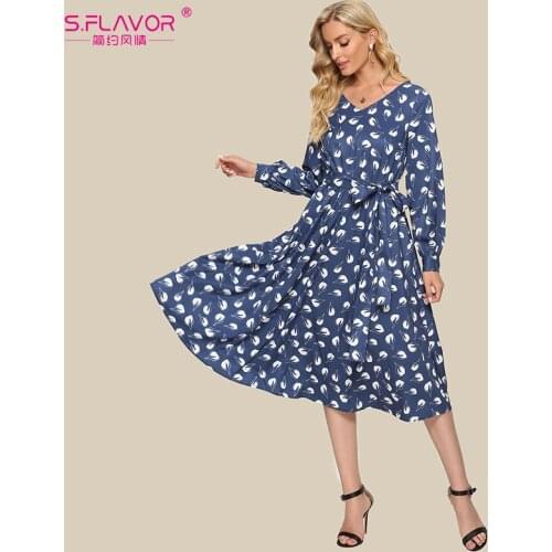 S.FLAVOR Women Casual Printing Summer Dress Elegant V-neck Blue A-line Dress 2021 Bohemian Printed Women Midi Vestidos Dresses