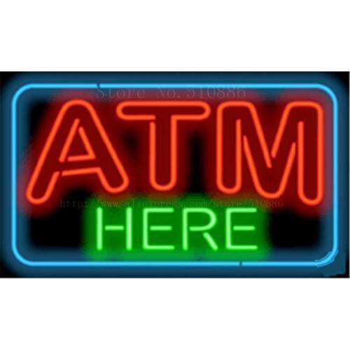 17*14" ATM Here NEON SIGN REAL GLASS BEER BAR PUB LIGHT SIGNS store display Packing Garage Bulbs financial Advertising Lights