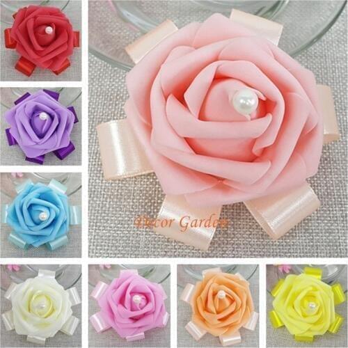 6pcs 10Colors PU Wedding Dancing Decor Pearl Bride Boutonniere bride bridesmaids wrist corsages bridal wrist bouquetsr 02