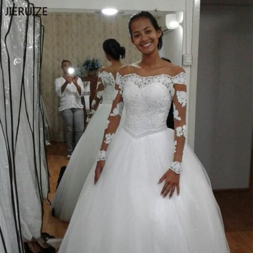 JIERUIZE White Lace Appliques Long Sleeves Wedding Dresses Off The Shoulder Pearls Bride Dresses Wedding Gowns robe de mariage