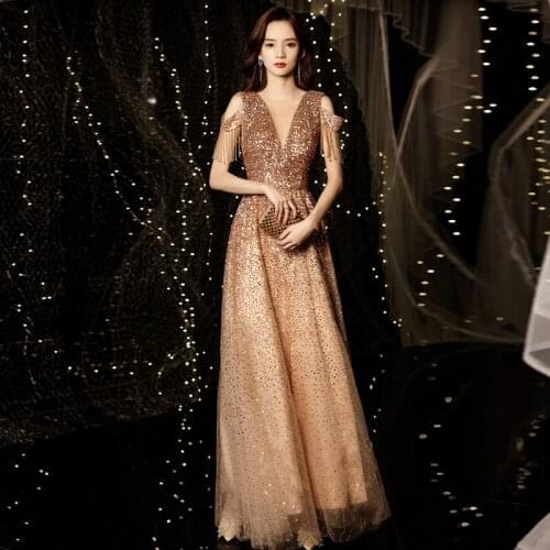 Sequin Banquet Sequin Evening Dress Female Tassel Beaded Sleeves Super Fairy Long Style Sexy Shoulder Tassel Skirt A119