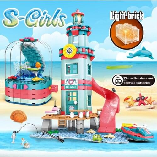 Creator Surf Girl Water Park Spin Block Model Toys Beach Rescue Lighthouse House Block Toys Children Birthday Gift For Children