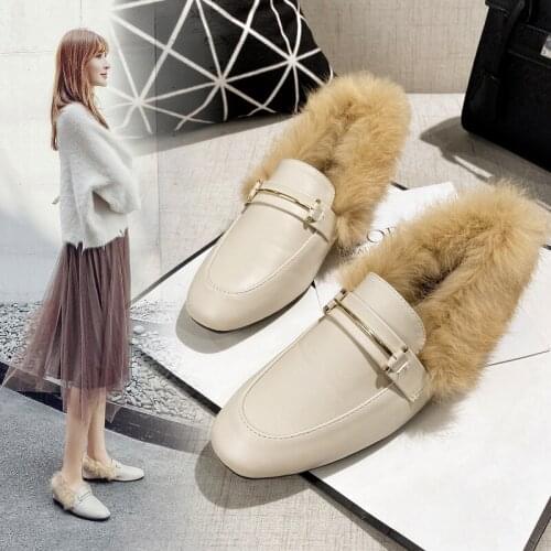 5 style square toe leather fur shoes metal buckle decorated slip on chunky moccasins student winter warm rabbit hair espadrilles