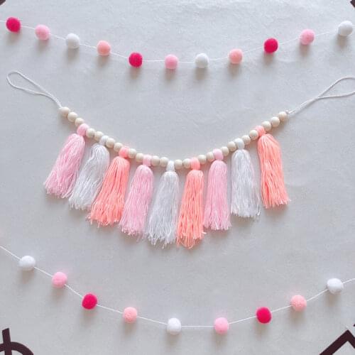 Cotton Rope Wood Beads Tassel Garland Banner Hair Balls Pompom Wall Hanging String Nordic Baby Kids Room Ornaments Nursery Props