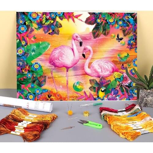 Animal Bird Flamingo Printed Canvas 11CT Cross Stitch Embroidery Complete Kit DMC Threads Painting Needlework Sales