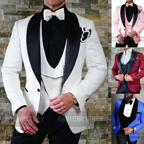 Latest Mens Suits For Wedding Prom Party White Black Jacquard Printing Suit Blazer with Vest Pant Set 3 Pieces Marriage Costume
