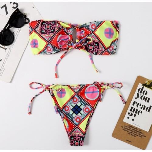 2021 Printed Bandeau Swimsuit Female Swimwear Women Mini Thong Bikini Set Bather Swimming Beachwear Bathing Suit Sexy Bikini