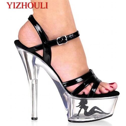 Summer black womens heels with transparent soles decorated with beautiful women, 15cm pole dancing sandals 6 inch dancer shoes