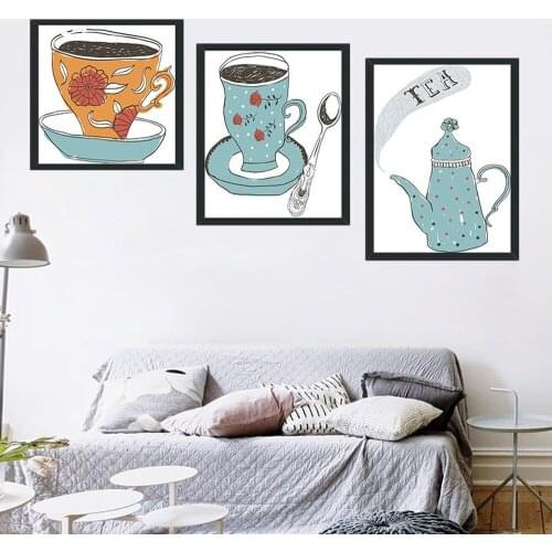 Cute Coffee Cup Teapot Canvas Painting Creative Simple Kitchen Cafe Restaurant Wall Art Picture Decorations for Home Living Room