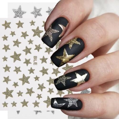 1PC 3D Stars Nail Stickers Pink Black White Silver Water Transfer Decals Nail Art Decorations Adhesive Slider Nail Accesoires