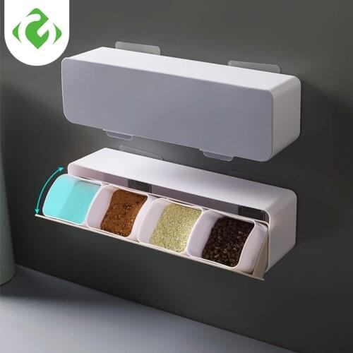 Wall Mount Spice Rack Organizer Sugar Bowl Salt Shaker Seasoning Container Spice Boxes With Spoons Kitchen Supplies Storage Set