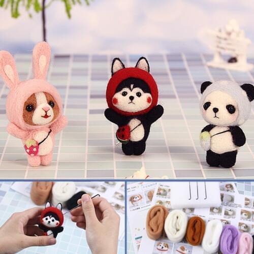 Non-Finished Kit Cartoon Cute Rabbit Panda Huskie Dog Wool Felting Toy Doll Wool Felt Poked Kitting DIY Package Children Gift