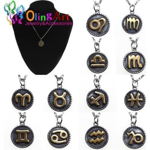 Stainless Steel Double-sided Star Zodiac Neckless Antique gold 12 Constellation Pendant Women/ Men Chain Necklace Jewelry