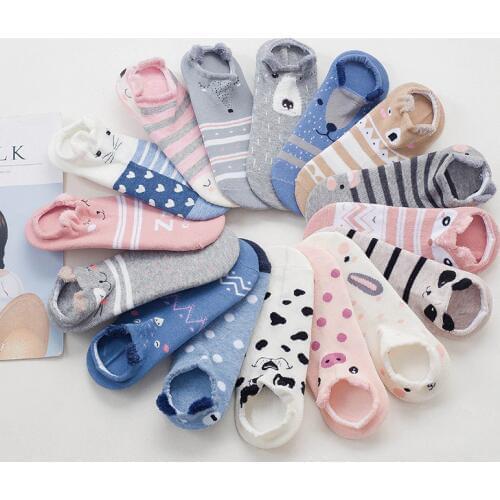 5 Pairs Women Sock Spring Summer Shallow Mouth Cartoon Female Cotton Invisible Boat Sock Cotton Japanese Cute Animal Ankle Sock