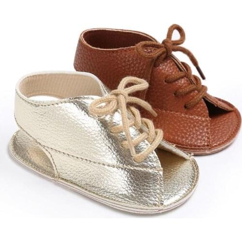 Baby Sandals Lace Up Newborn Infant Boy Girl First Walker PU Leather Sofe Rubber Sole Anti-slip Toddler Gold Brown Casual Shoes