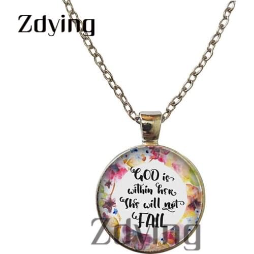 Zdying Vintage God Is Within Her She Will Not Fall In Bible Necklaces Round Pendant Glass Cabcohon Charm Chain Necklace BE003