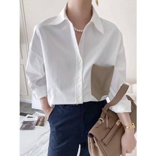 Oversize Womens Shirts 2021 New Long Sleeve Loose Fashion Hit Color Patchwork PU Pocket BF Autumn Shirt High Quality Cotton Top