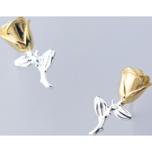 MloveAcc 100% Real 925 Sterling Silver Rose Flower Leaf Stud Earrings Gold Color Small Earrings for Women Silver 925 Jewelry