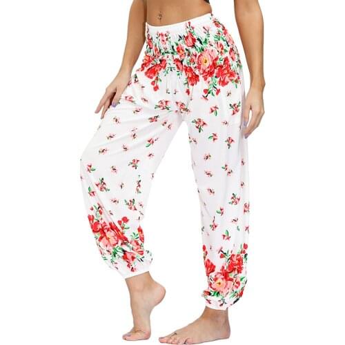 2021 Womens Waist Boho Floral Harem Yoga Pants, Smocked Waistband Bohemian Wide Sports Pants