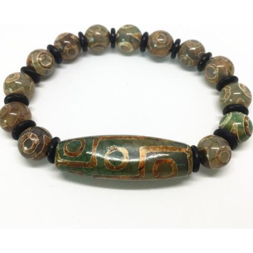 Green Natural Agate 9 eyes Pattern Tibetan Dzi Beads elastic Bracelet with Coconut Shell for women free shipping
