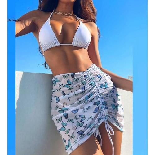 Womens Halter String Bikini Swimsuit Summer Butterfly Draped Skirt Three-Piece Swimwear Biquini Sexy Push Up Micro Bathing Suit