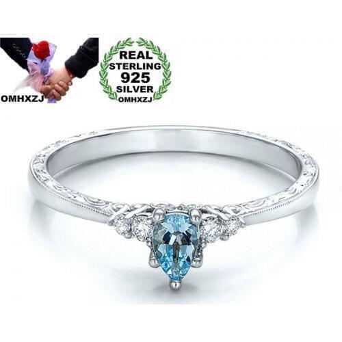 OMHXZJ Wholesale European Fashion Woman Girl Party Wedding Gift Sea Blue Water Drop Topaz 925 Sterling Silver Ring RR194