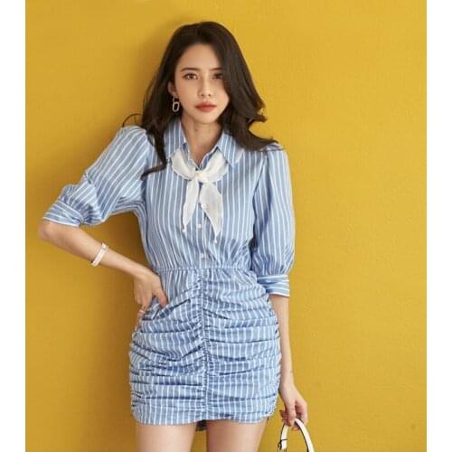 Elegant Single-breasted Ruched Shirt Dress Women 2020 Summer New OL Turn-down Collar Work Wear Draped stripe Pencil Vestidos