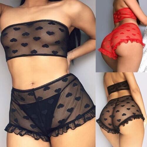 Womens Sexy Heart Shape Print Lace Lingerie Set Hot Erotic High Stretch G-string Underwear Babydoll