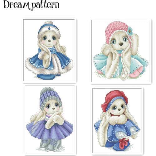 Winter rabbit in coat cross stitch package cartoon animal 18ct 14ct 11ct cloth cotton thread embroidery DIY handmade needlework