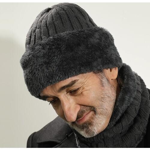 Winter Hat for Old Man Thick Plus Fleece Warm Hat Wool knitted Hat With Scarf Elderly People