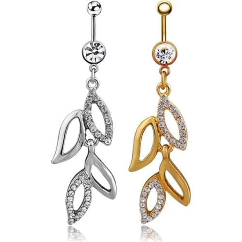 1PC Leaves Dangle Belly Ring One Rhinestone Ball Body Piercing Jewelry Silver-plated Navel Belly Button Ring Barbell