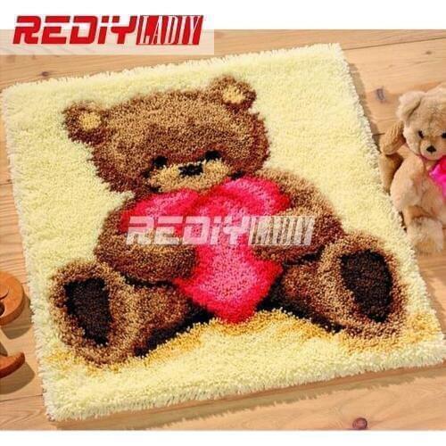 3D Latch Hook Rug Kits DIY Needlework Unfinished Crocheting Rug Yarn Cushion Mat Embroidery Carpet Rug Bear with Love Home Decor